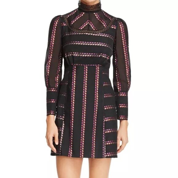 Sandro Sibel Floral Jacquard Mini Dress Lace Mock Neck Metallic Size 1 Small